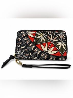 Tory Burch Navy Floral Patchwork Zip Wristlet with Gold Logo
